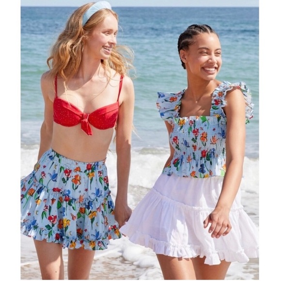 Hill House Linen Floral Ruffle Sleeve Smocked Crop Top - Picture 2 of 8